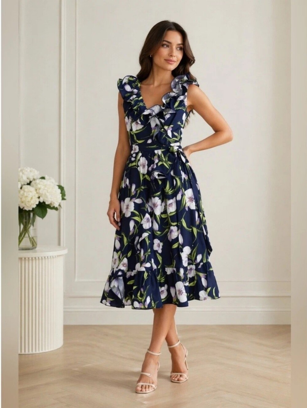 NWOT Gabrielle Union Navy Floral Wrap Midi Dress V-Neck Sleeveless Ruffle Tie XL